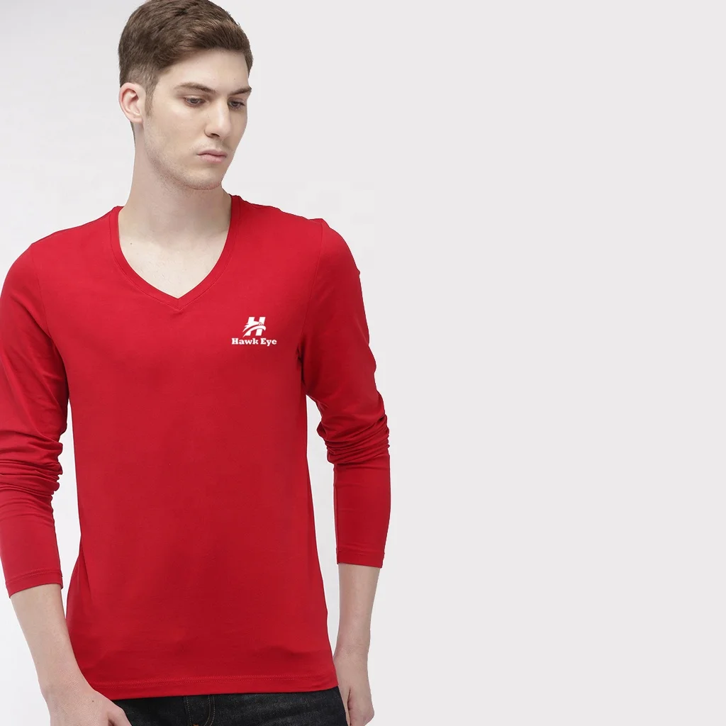 Men Wholesale Custom Logo Red Color V Neck Full Sleeves T Shirt For Men's Manufacture By Hawk Eye Sports ( Paypal Verified ) - Buy High Quality V Neck Slim Men'