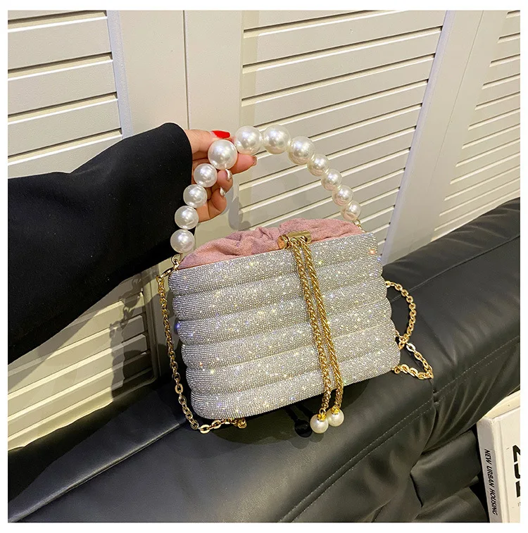 Pearl Handle Bucket Bag Fashion Wedding Clutch Purse for Stones Long Strap  Hand Bags Rhinestone Evening Bag