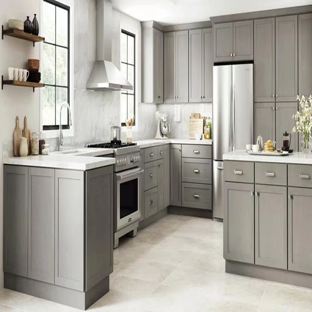 American Standard Framed Light Grey Shaker Modern Solid Wood Kitchen ...