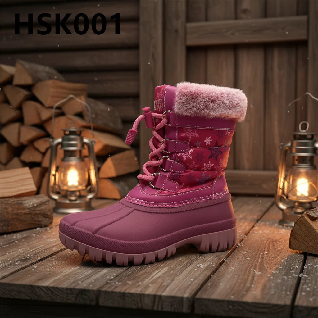 ZYF,Factory Price Cold Insulation Wool Lining Pink Kids SKI Boots Anti-slip TPR Sole Tighten Rope Buckle Style Duck Boots HSK001