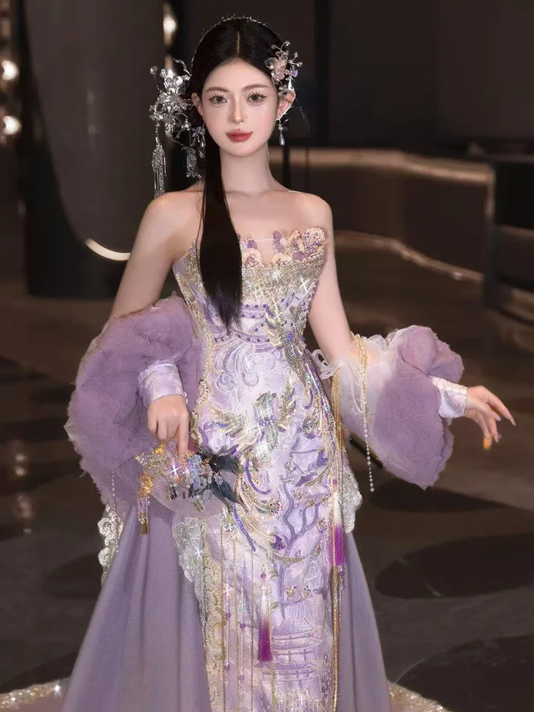 Wedding Gown Asian Style Prom Dress S3960L New Chinese-style Engagement Banquet Southeast Asian Style Long Train Evening Dress High-end Wedding Gown