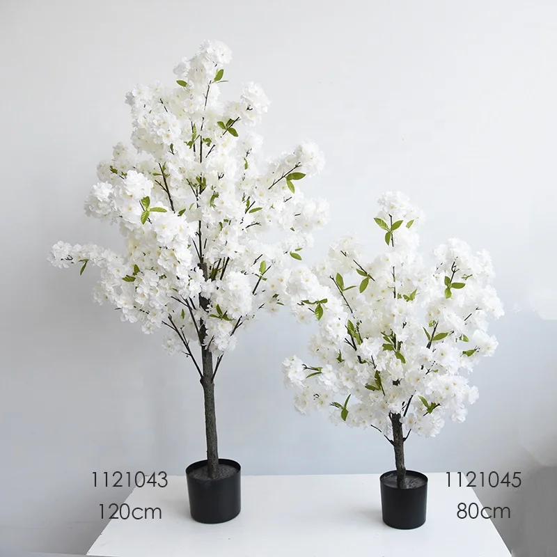 Fuyuan 120cm Indoor Artificial White Cherry Blossom Tree Silk Fabric Flowers With Plastic Stem for Weddings