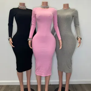 Huili Manufacturer Custom v Neck Skinny Midi Bodycon Knitted Cotton Dress Long Sleeve Red Ribbed Corset Dresses Women