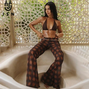 JSN 2026 New Design Customized Women's Solid Two Piece Bikini Set with Low Waist Print Pants Halter Backless Beading Swimsuit