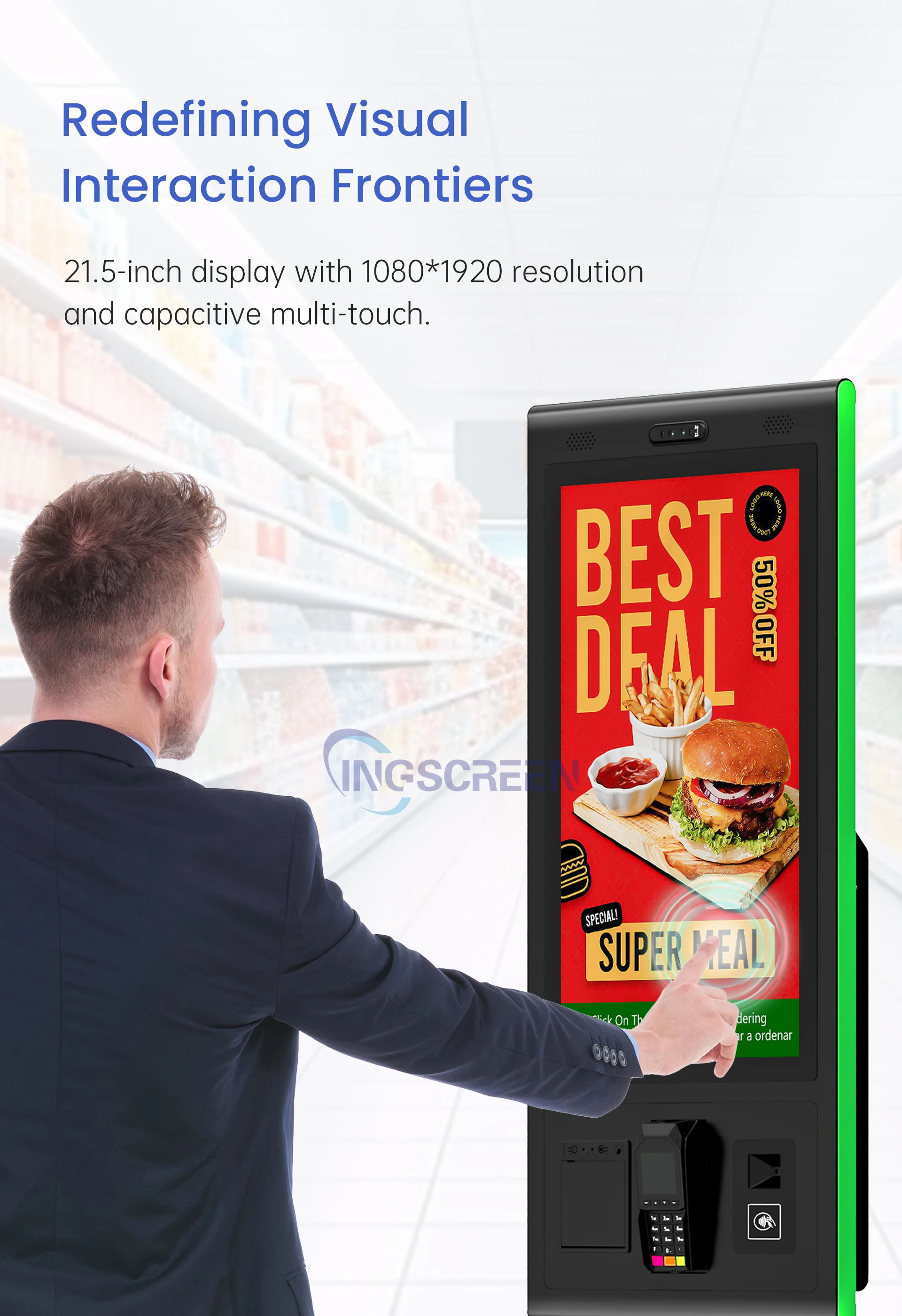 INGSCREEN High Speed Response Capacitive Touch Screen Self Service Payment Kiosk with Printer