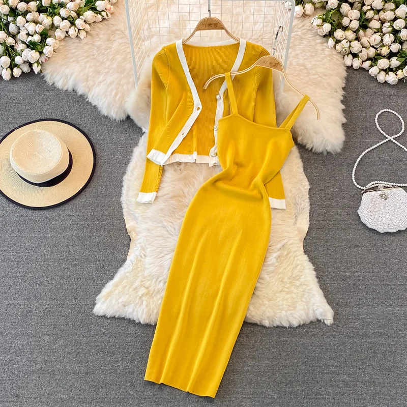 Soft Knit Cutout Tank Dress Long Sleeve Cardigan Two Piece Set