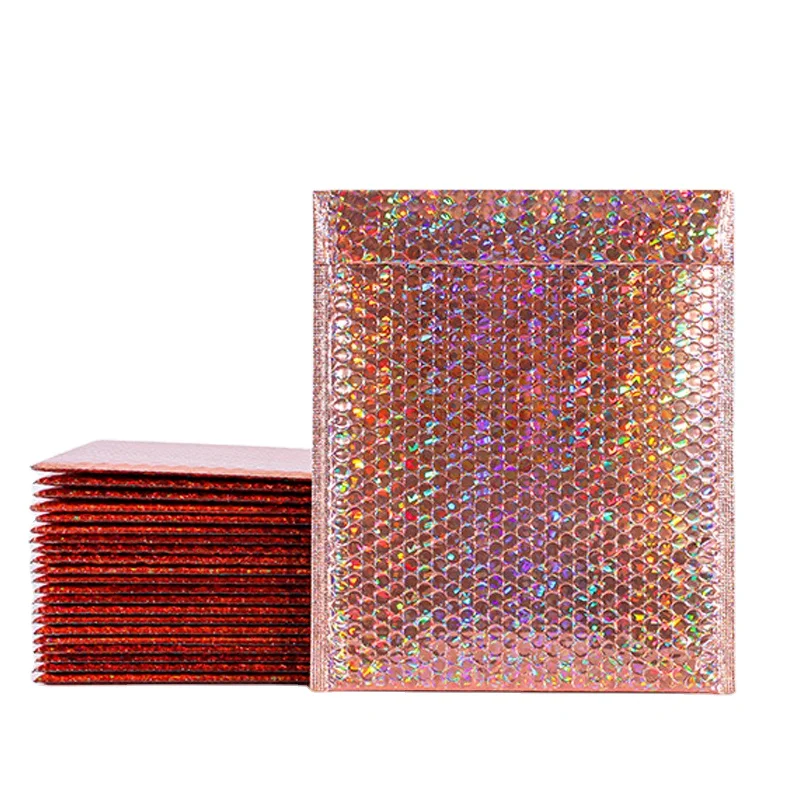 Custom Logo Printed Waterproof Padded Envelopes Mailing Glitter Metallic Foil Holographic Rose Gold Bubble Mailer Packaging Bag