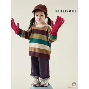 Winter Round Neck Striped Kids Sweaters Wholesale Warm and Energetic Stretch Thermal Toddler Girls Children Knitted Sweater Top