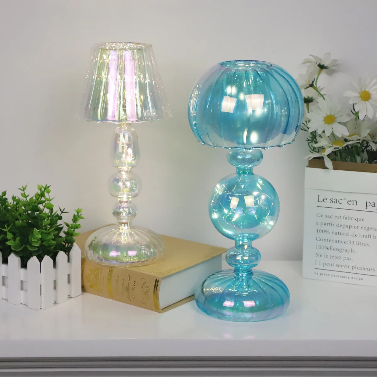 Lampada da Tavolo Moderna in Vetro Sovffio con LED, Lampade da Notte Moderne per Arredamento della Casa