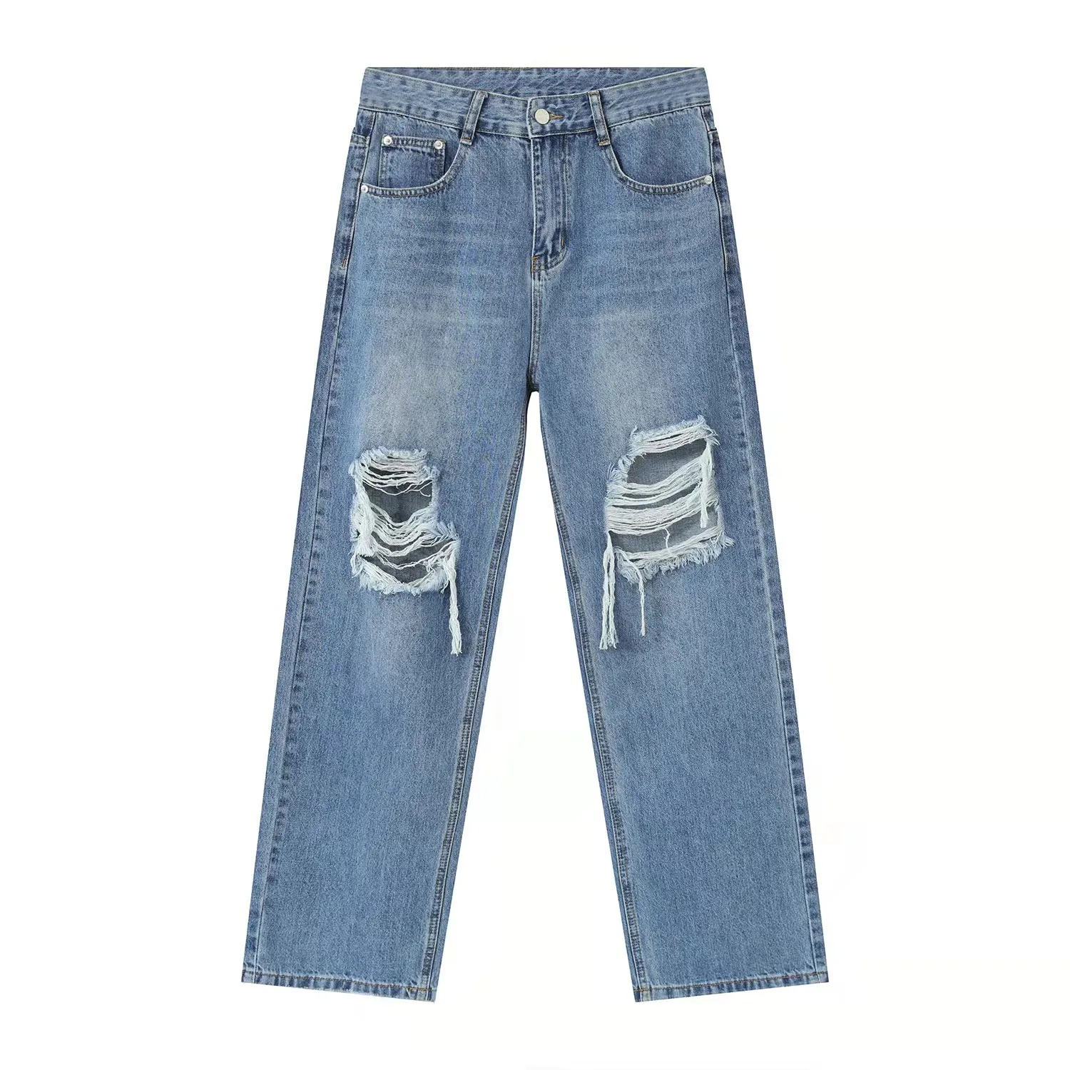 2024 Pantaloni rupți cu găuri la genunchi, design personalizat pentru bărbați, blugi distress de calitate albaștri_voghion.com