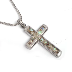 Gifts for Men Religious Fashion Jewelry Cross Stainless Steel Crushed Abalone Shell Custom Charm Pendant Necklace Jewelry