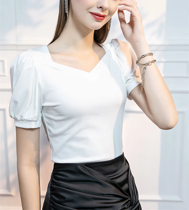 2022 summer fashion casual pure color soft women's top slim lady short sleeve T shirt puff sleeve