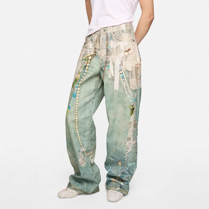 3D Lace Pearl Optical Illusion Digital Print Unisex Wide-Leg Jeans Denim Men's Jeans Casual Men's Pants