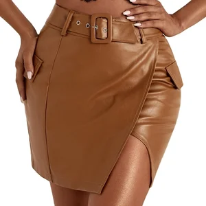 Women's Sexy Wrap Hem Grommet Belted PU Skirt Ladies Casual Faux Leather Pencil Women Skirt Solid Color Black Skirts