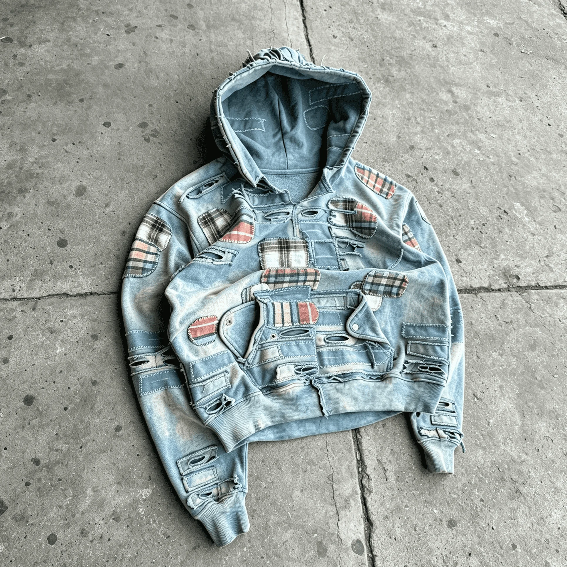 Custom Deconstructed Ripped Patchwork Plaid Distressed Washed Heavyweight Pullover Hoodie Men