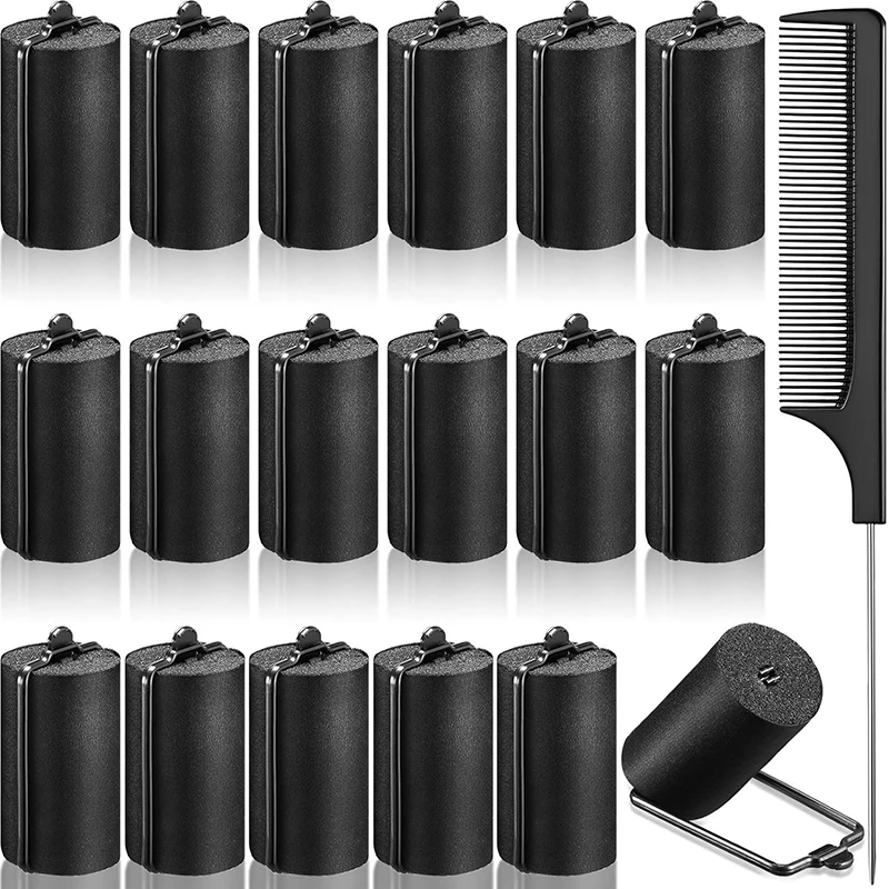 Factory Wholesale 18Pcs Black Satin Sponge Hair Rollers Set Soft Foam Sleeping Curler Roller for Hair Styling