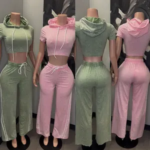 OEM Huili Women's Gym Activewear Set Custom Logo Skinny Loungewear Crop Top Baggy Pants Vintage Washed Style Cotton Knitting