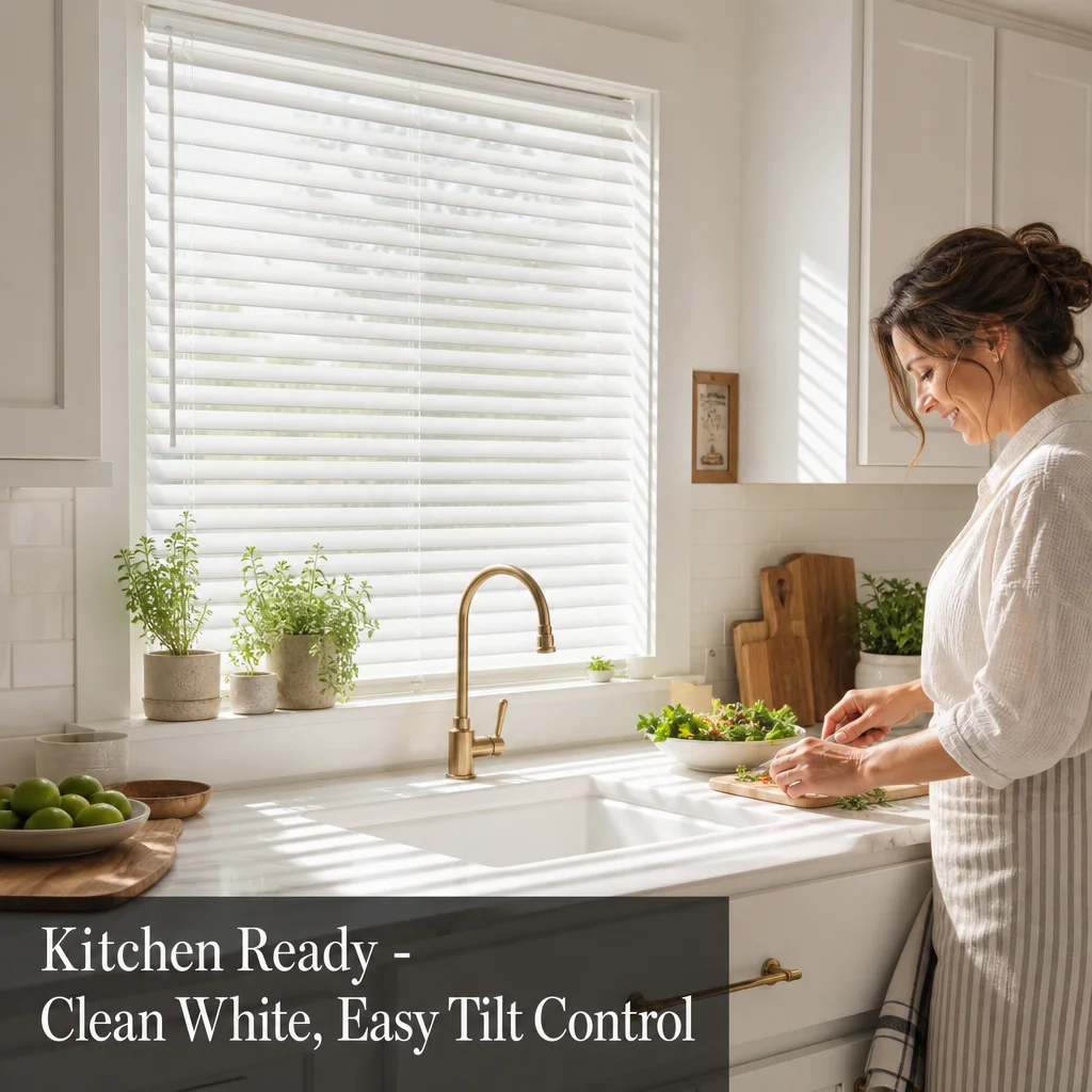 Venetian Blinds 35mm Horizontal White Painted Wood Ladder String Tilt Wand Kitchen Bathroom Custom Size Eco-Friendly Anti-UV OEM