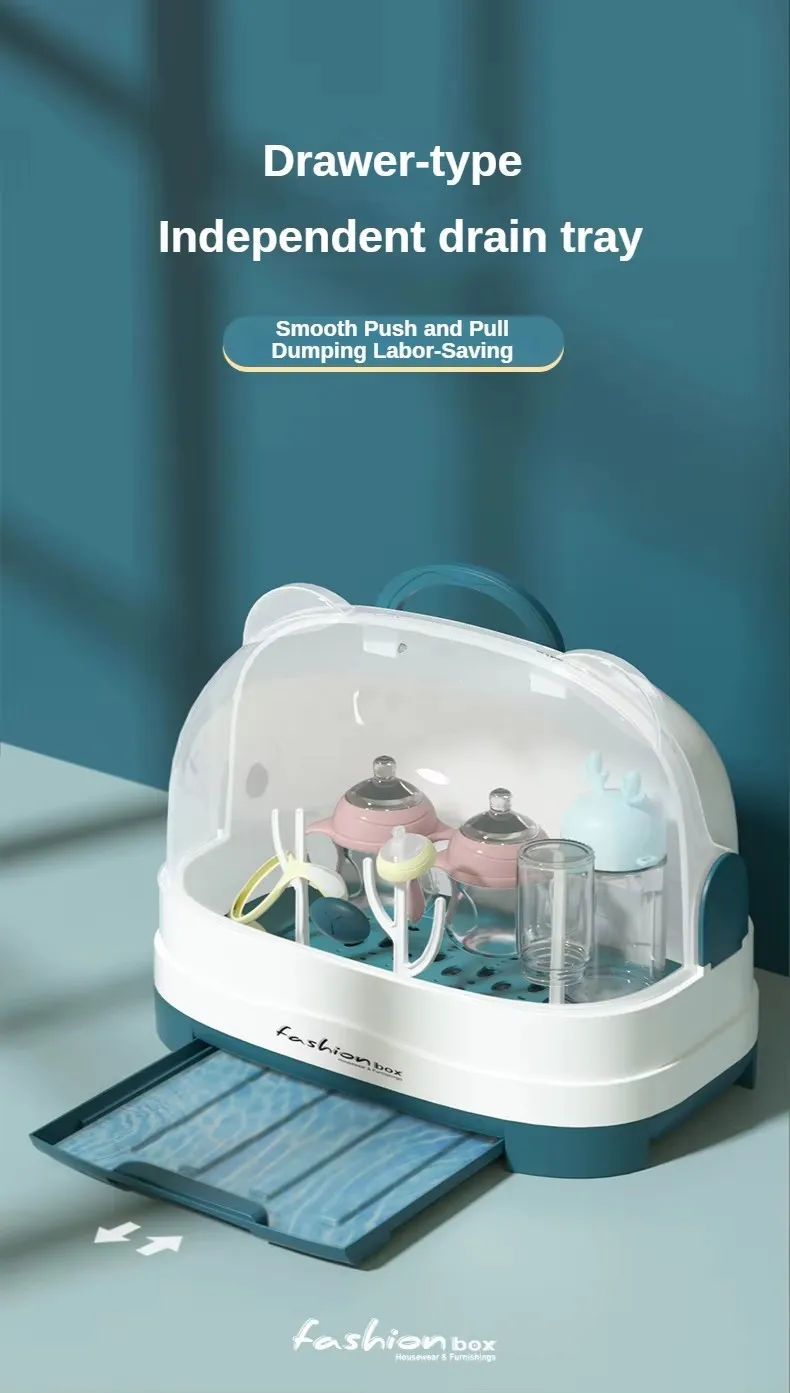 Hot Sale Plastic Baby Bottle Drying Rack Rectangle Shape with Cover and Handle-for Milk Feeding Bottle Storage manufacture