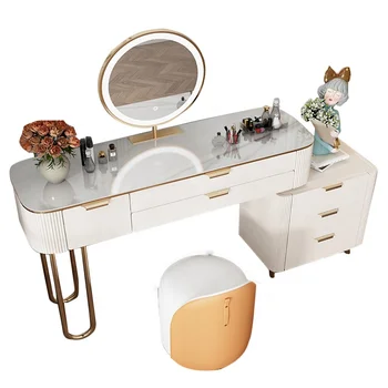 Nordic White Cabinet Dressing Table with Mirror and Stool Dressing Table Iron Dresser for Bedroom with LED Mirrors Golden Modern