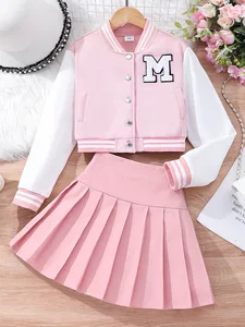 Casual Baseball Jacket and Breathable Woolen Skirt Ensemble 100% PolyesterCasual Jacket and Breathable Skirt EnsembleCute