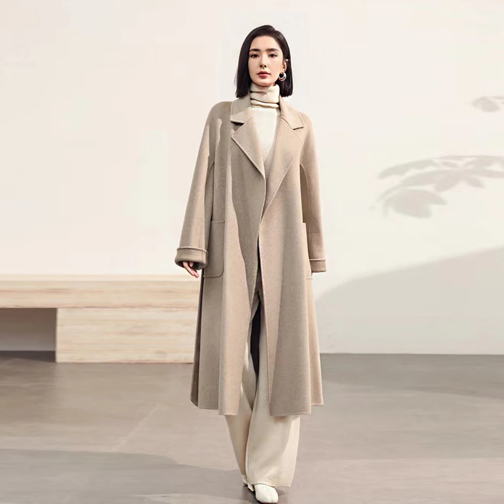 High Quality Solid Cashmere Coats for Women Elegant Luxury Blend Trench Coat Belted Solid Color Elegant Overcoat