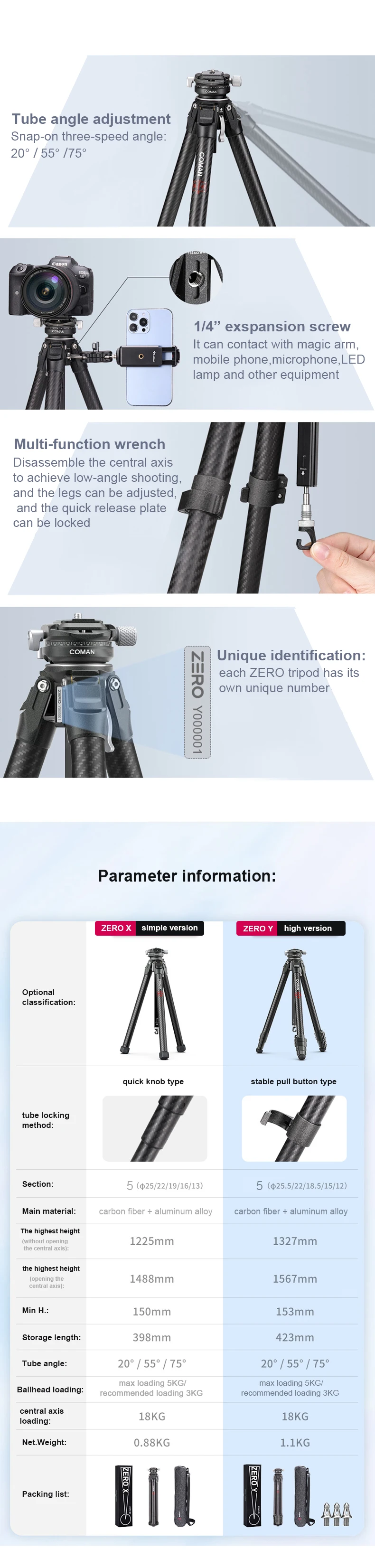 Coman Carbon Fiber Camera Tripod High Quality Portable Camera Tripod