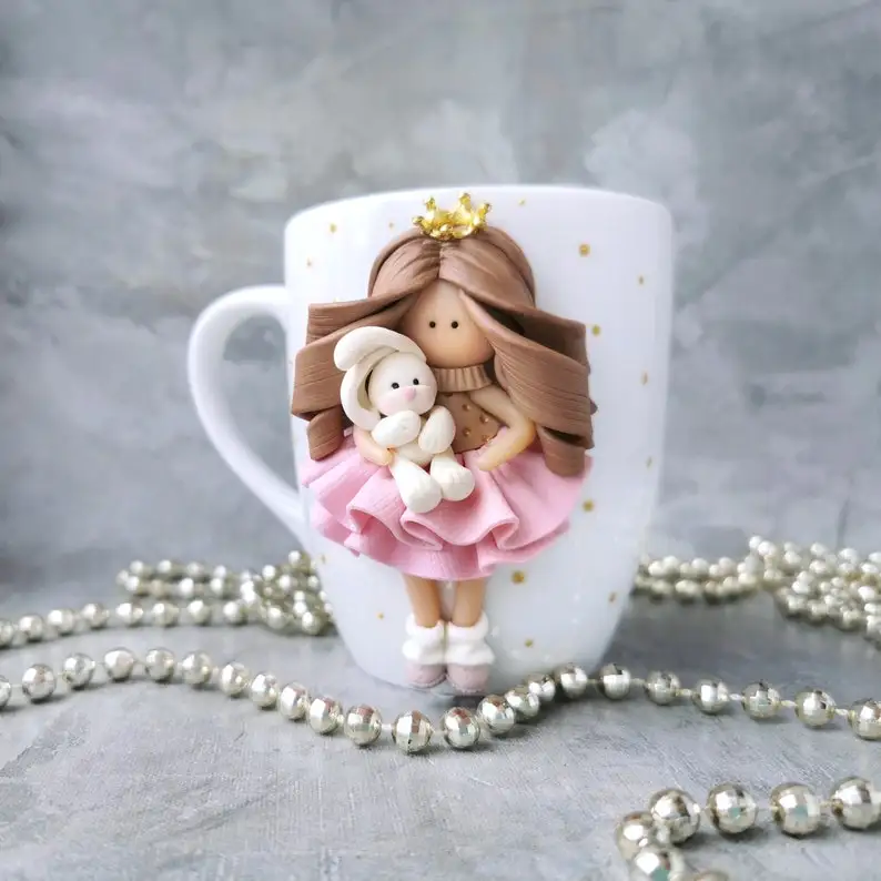 Cutie Cat Girl Dress up Ceramic Mug Polymer Clay Gift Mug