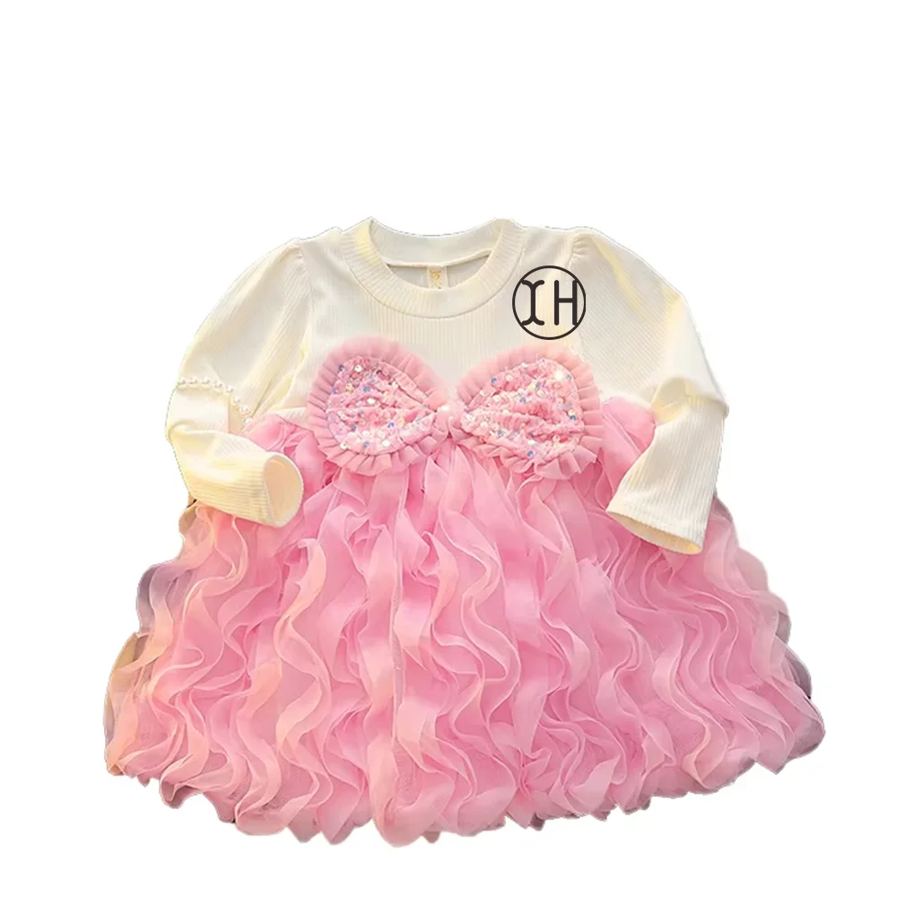 Wholesale Children Autumn New Princess Dress Cute Girls Crew Neck Long  Sleeve Puffy Skirt Sequin Birthday Party Dresses