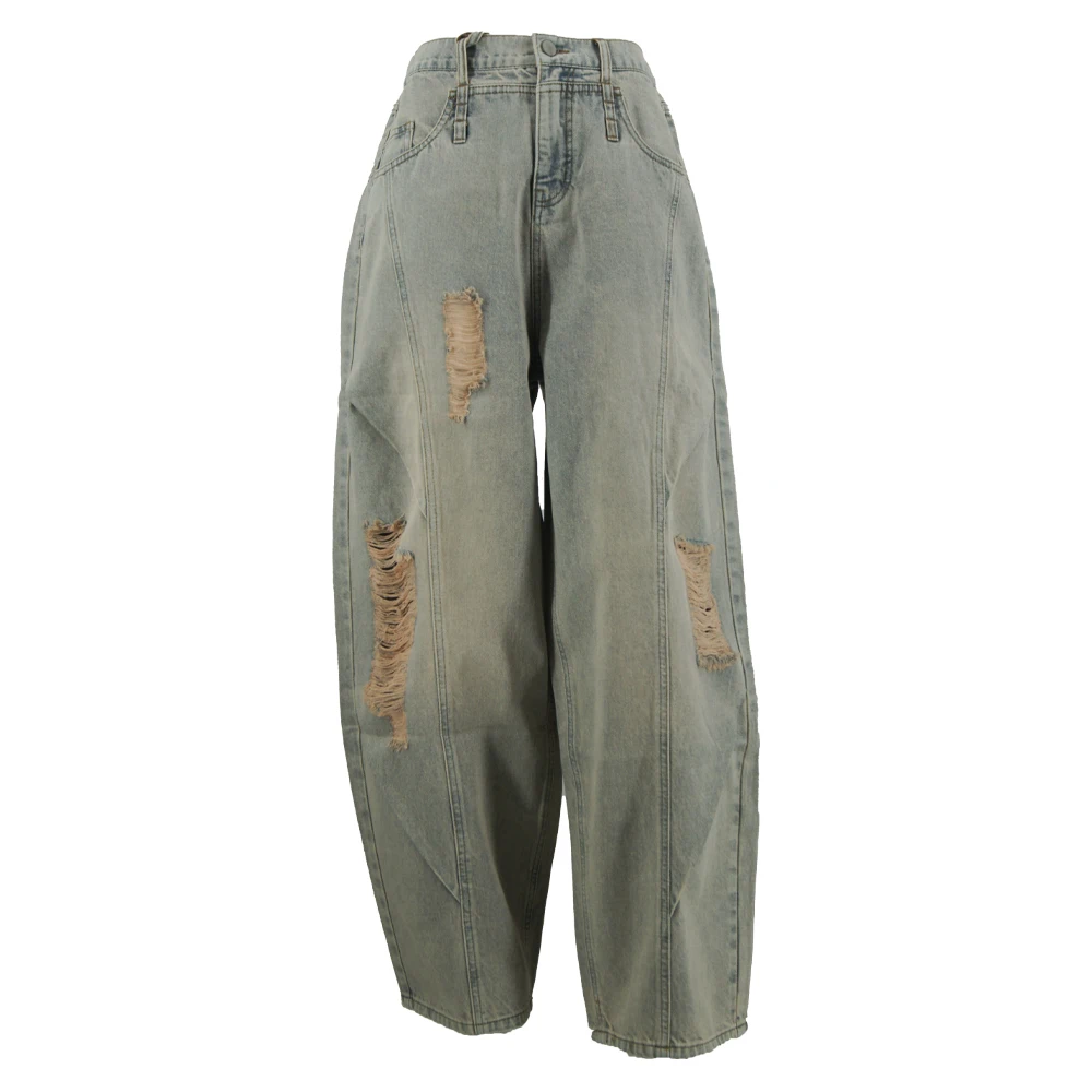 Trendy Women's Light Blue Baggy Jeans with Distressed Design High Waist Fashion Denim Trousers