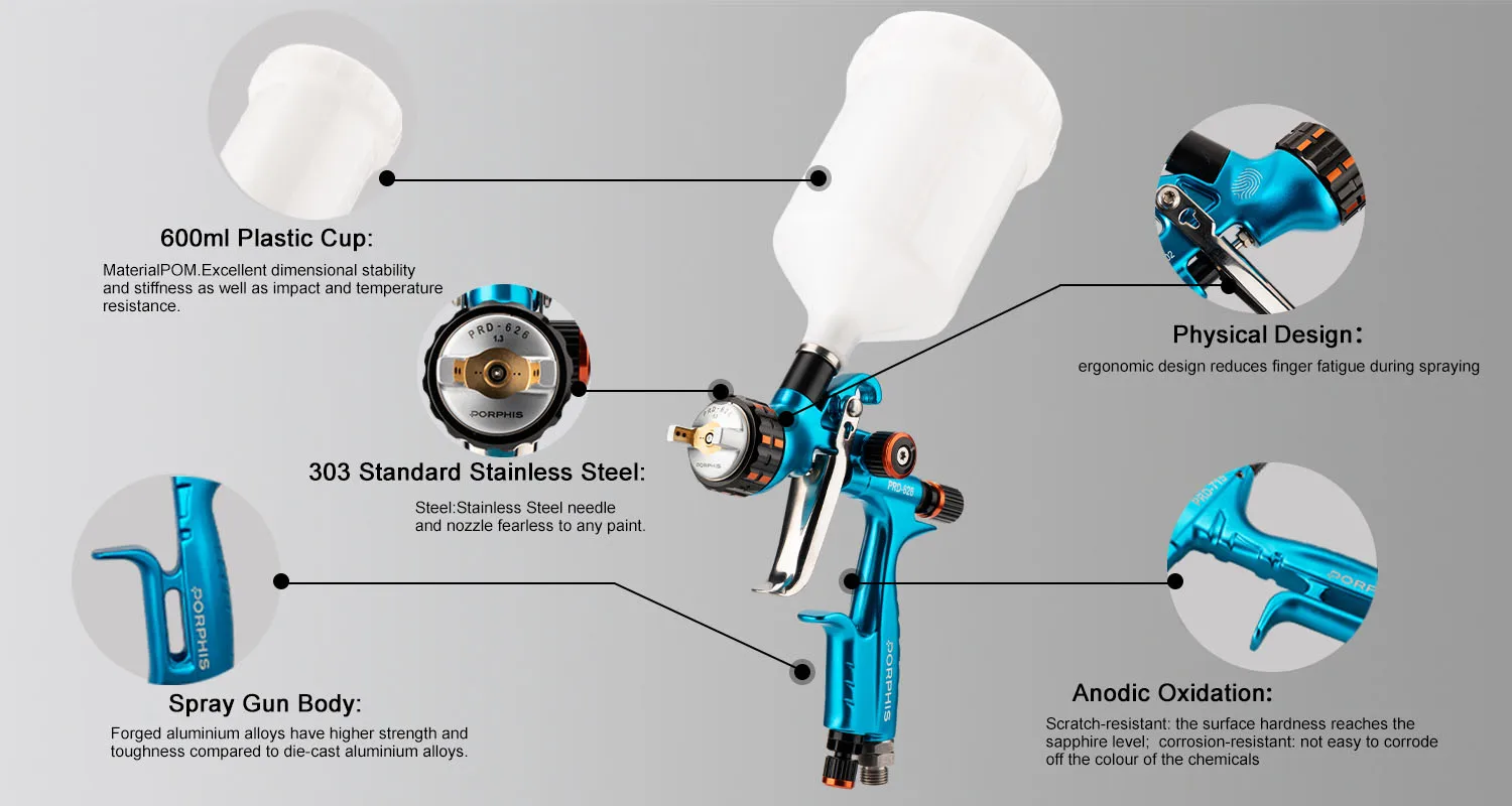 Porphis Hvlp Paint Spray Gun Prd626 Clear Coats 1.3mm Manufacturer