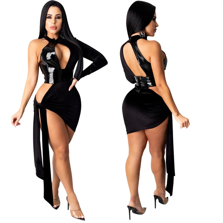 Sexy Women Sleeveless Blackless Halter Tight Dress Club Straps High Slit Prom Black Pu Leather Dresses