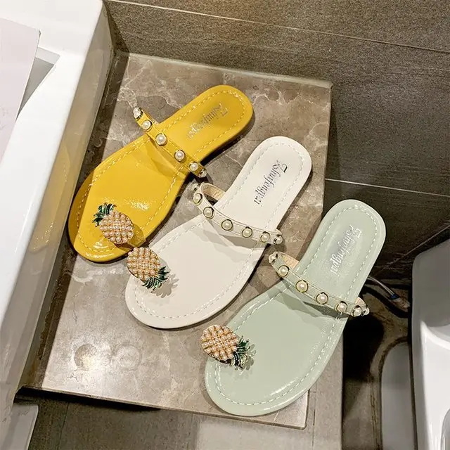 Challyhope Sweet Cute Pineapple Pearls Sandals Clip Toe Flip Flops Boho Casual Flat Slippers Beach Shoes for Women Girls 