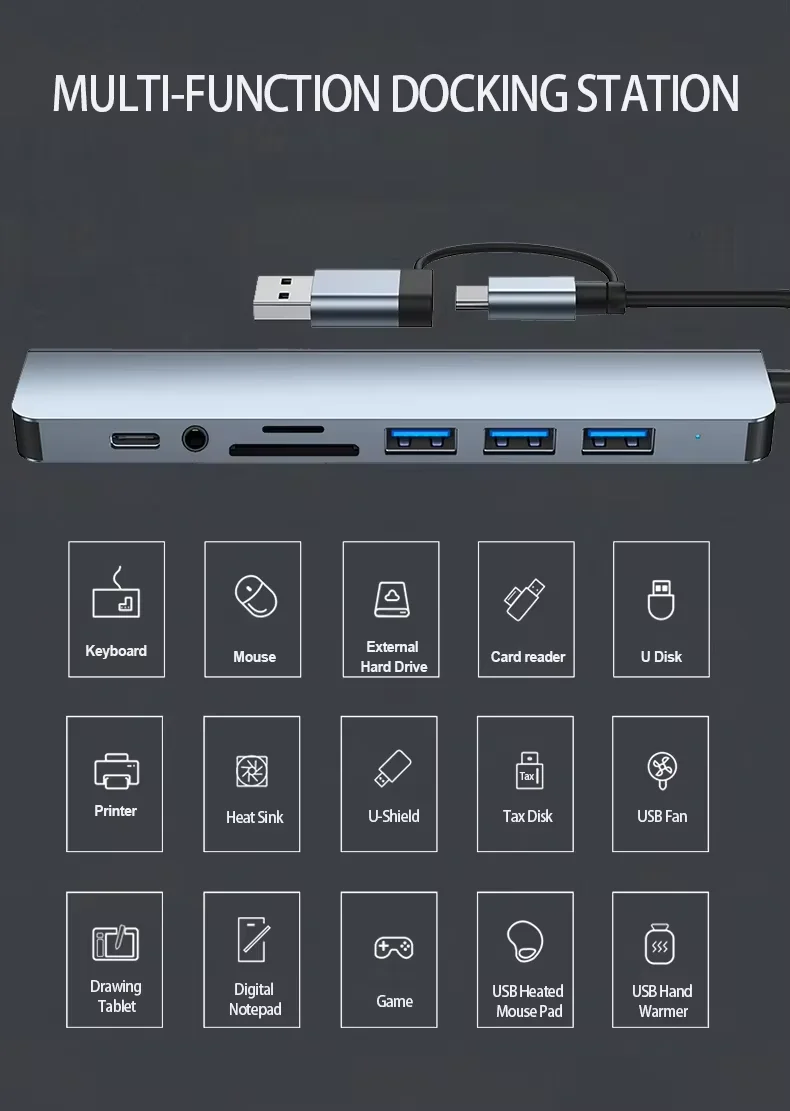 8 in 1 USB C Hub Dual Port USB a and Type C Adapter with 4K HDMI PD Charging RJ45 Ethernet USB 3.0 SD TF for Laptop MacBook PC