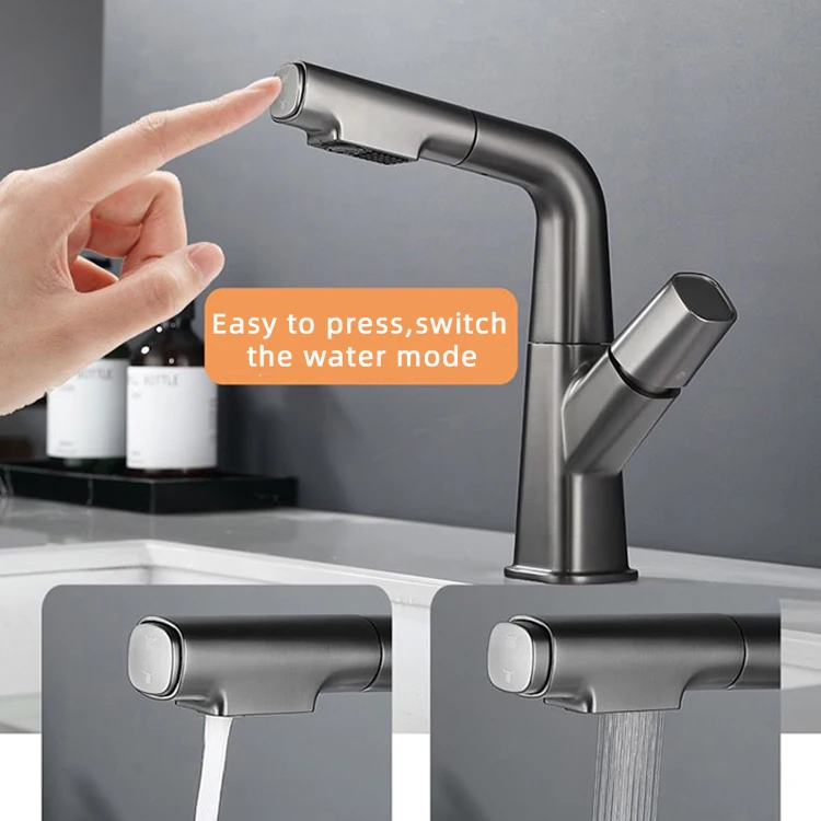 Popular Lifting Pull Out Sink Faucet Brass Gun Grey Bathroom Mixer Tap