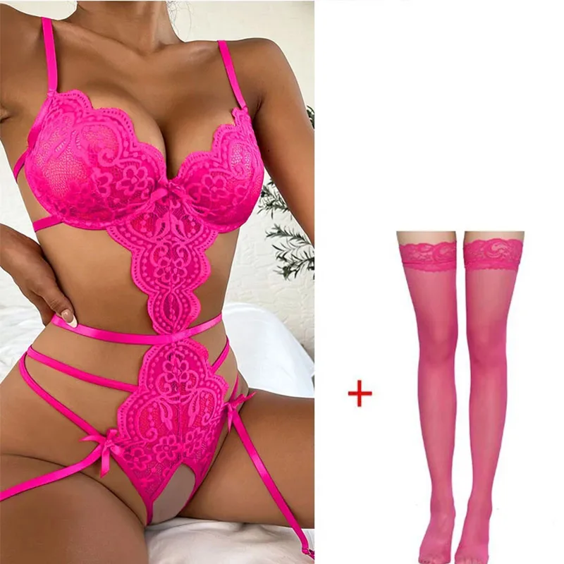 Women Sexy Lingerie Set Solid Mesh Lace Patchwork Underwear Set With