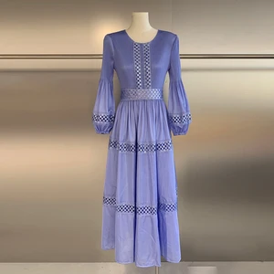 Factory Direct Miyake Pleated Midi Dress for Women Casual Lace Dress Lantern Sleeves Embroidery Ruched Decoration Vintage Dress