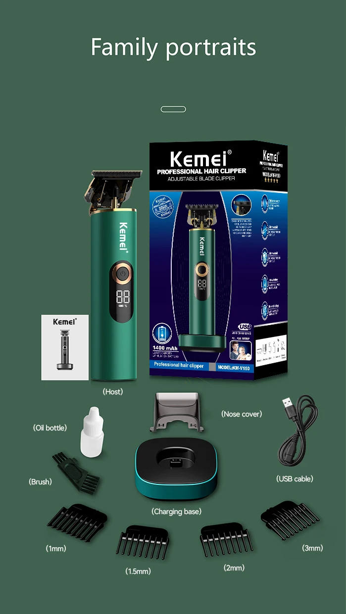 Professional Electric Cordless Hair Clipper Trimmer Kemei KM-V150 Men Barber Shop Hair Cutting Machine With Charging Base