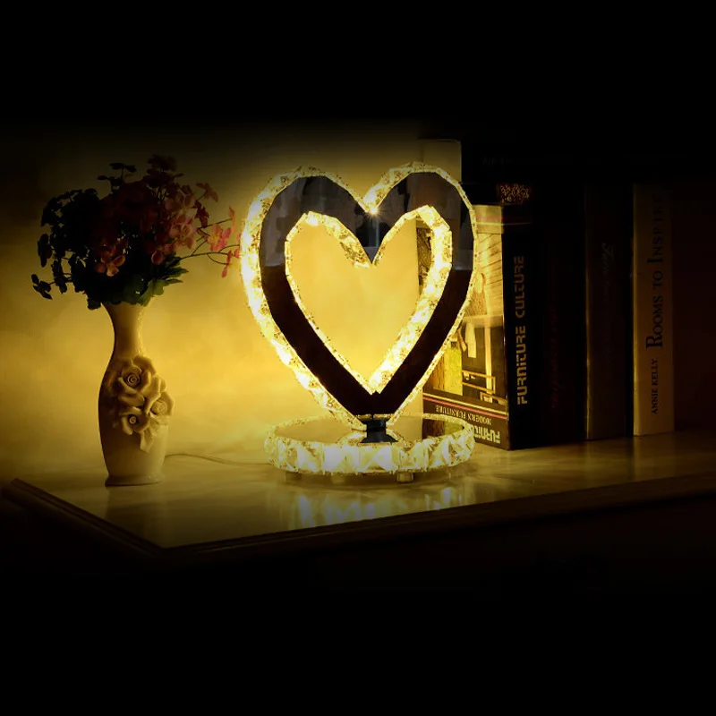 Heart-shaped table lamp simple decoration stainless steel crystal lamp bedroom table light living room LED lamp