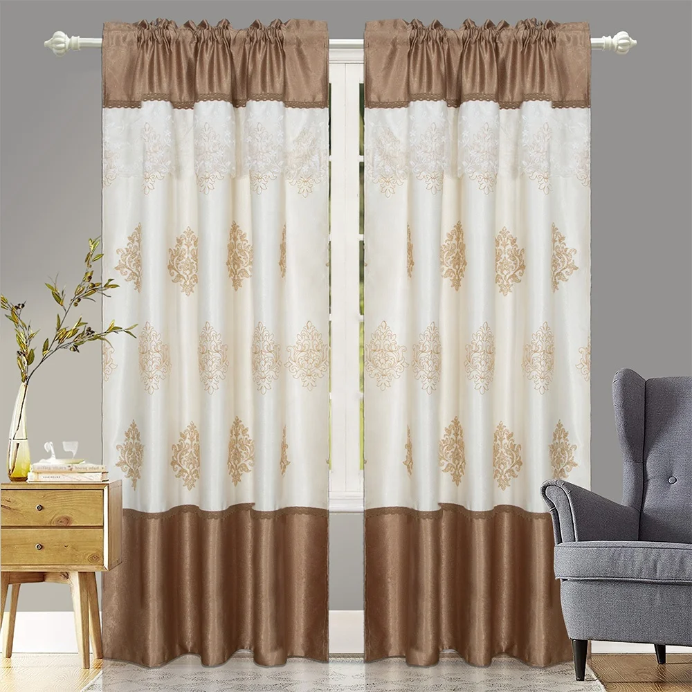 Two Layer Ready Cheap New Style Living Room Beige White Blue Jacquard Embroidery Curtain Designs Sheer Rod Pocket Window Curtain
