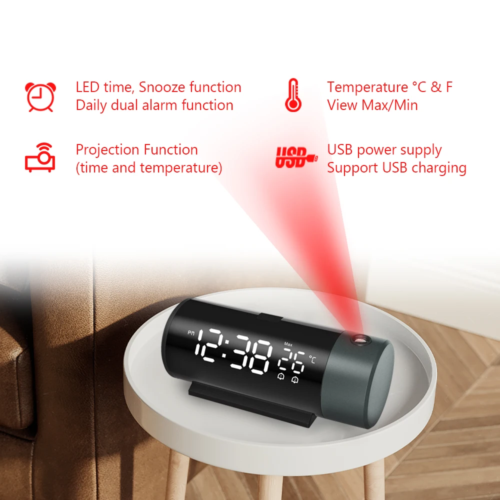Digital Projection Alarm Clock with Temperature 180 Rotation USB Electronic Table Bedroom Bedside 3D Wall Snooze Alarm Clock