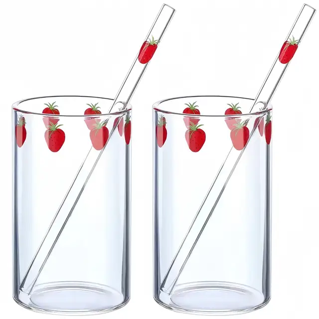 New customizable 300ml creative strawberry cute glass cup with straw cute mug glass