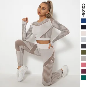 Seamless Hollow Out Moisture Wicking Long Sleeve Yoga Set for Women Two Piece Fitness Activewear for Workout and Training