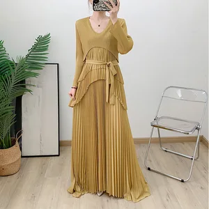 Factory Wholesale Pleated Solid Color Dress for Ladies Long Sleeve Sun Pleated Dress Dubai Lace-up Plus Size Women