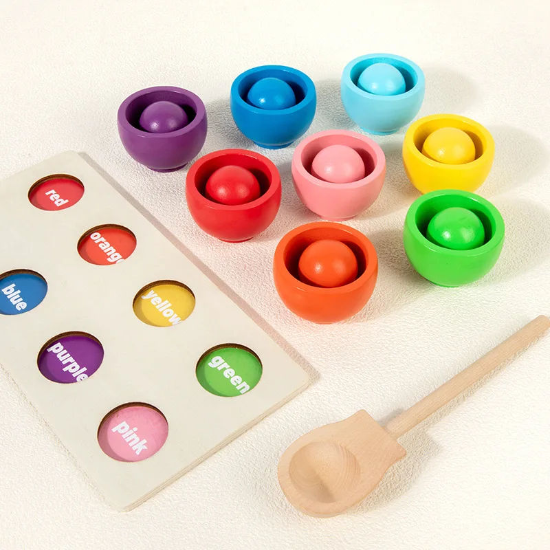 Ball in Cup Color Sorting Toy for Toddlers Wooden Rainbow Ball Color Matching Toy Montessori Toys Kids Wooden