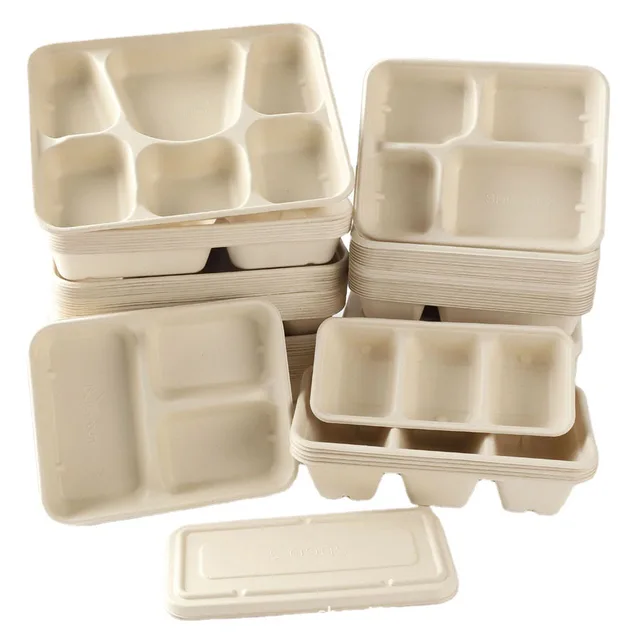 Disposable Take Away 5 Compartment Rectangle Tray Sugarcane Bagasse Plates With Lid