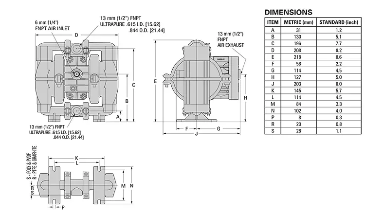 Wilden P1 Pneumatic Diaphragm Pump with Santoprene diaphragm Polypropylene shell details