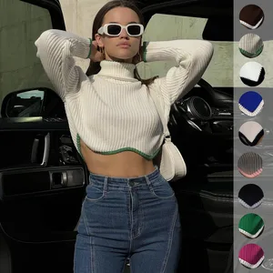 High Neck Ribbed Crossed Sexy Solid Slim T Shirt Women Casual Simple Chic Navel Crop Top Long Sleeve Tops Spring Streetwear 2346