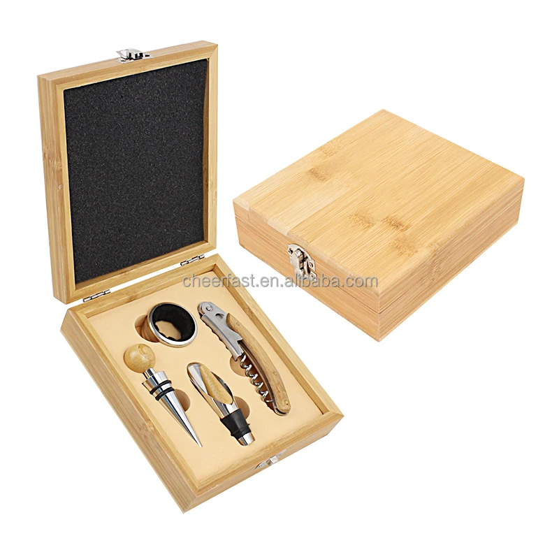 Hochwertiges Wein-Korkenzieher-Set in Bambus-Holzbox 4-teiliges  Bambus-Zubehr Weinwerkzeug-Set und Bambus-ffner Geschenkset
