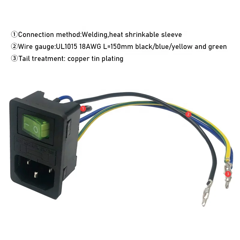 Inlet Module Plug 5A Fuse Switch Male Power Socket  10A 250V 3 Pin IEC320 C14 Connected Terminal Crimps and Wires